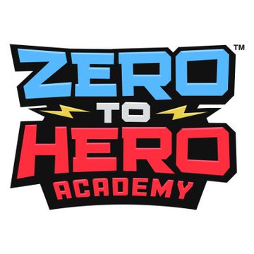 Logo for 'ZERO TO HERO ACADEMY' featuring blue and red stylized text with lightning bolts.