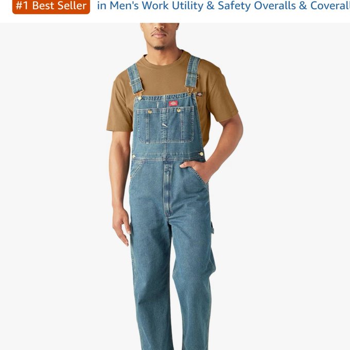 A product listing image showing a man wearing blue denim bib overalls over a brown t-shirt, with text '#1 Best Seller in Men's Work Utility & Safety Overalls & Coveralls' partially visible at the top.