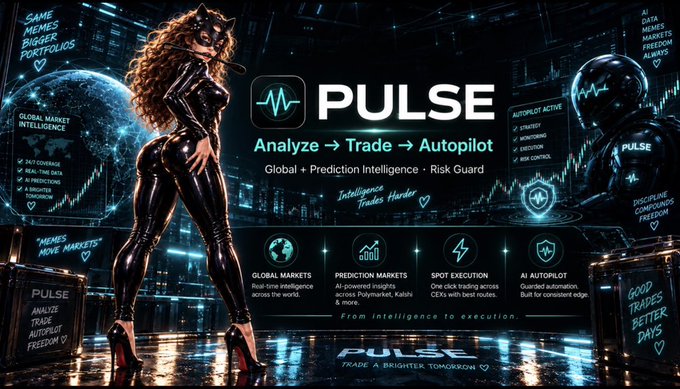 A promotional graphic for 'PULSE' featuring a woman in a black catsuit and mask, advertising tools to 'Analyze → Trade → Autopilot' with features like Global Markets, Prediction Markets, Spot Execution, and AI Autopilot.