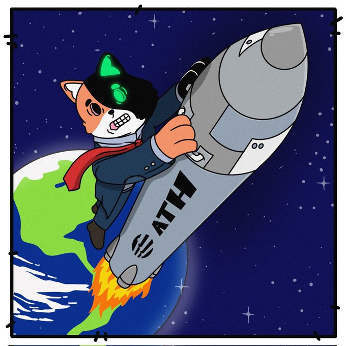 An illustrated cartoon character in a suit and red tie rides a rocket with 'ATH' written on it, blasting off from Earth into a starry night sky.