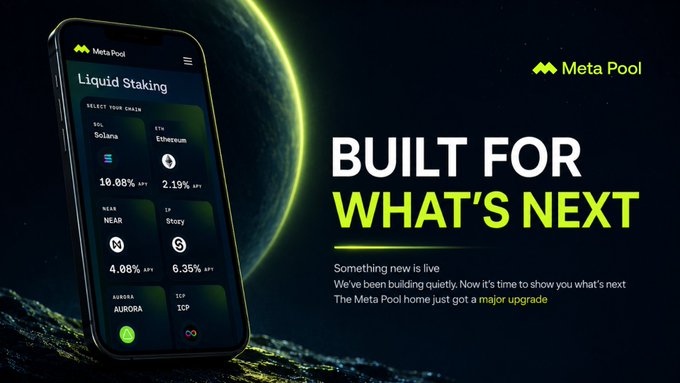 The image features a cell phone with an advertisement for Meta Pool, which promotes a new cryptocurrency called "Built For What's Next". The phone displays various information about the cryptocurrency, including its name, description, and the number of validators needed to participate in the DAO. The text on the screen indicates that the coin has been audited, tested, and is now available for use by anyone who wants to invest in it.