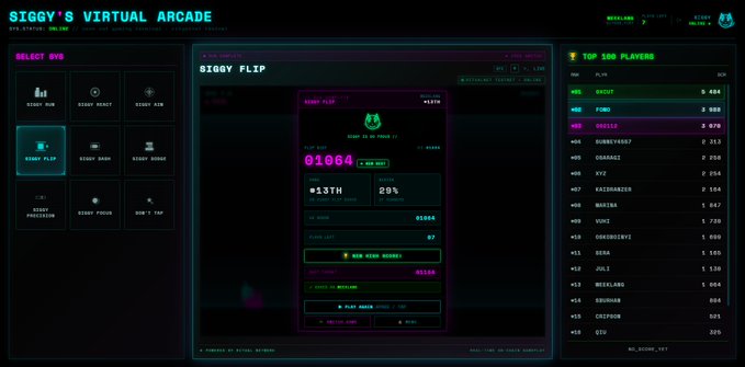 irtp's virtual arcade game interface features a dark blue background, a green header with white text, and a black screen displaying the game's title and score.