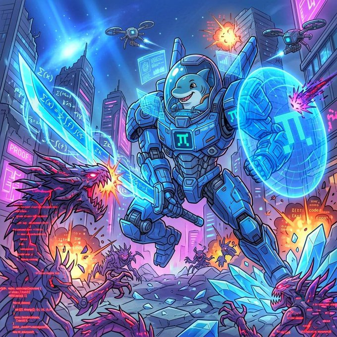 Vibrant digital artwork of a shark wearing blue futuristic mecha/armor holding a glowing sword with the Pi (π) symbol, fighting monsters in a neon cityscape.