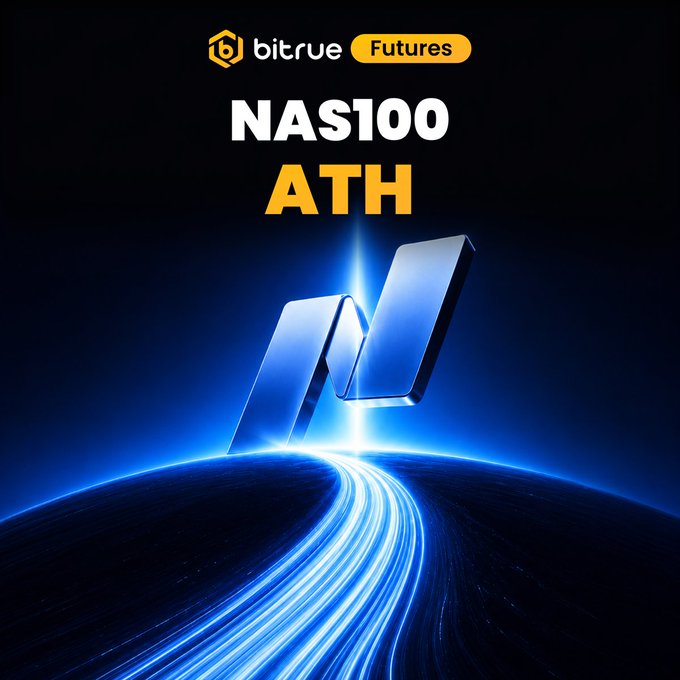 The image features a blue planet with two silver squares floating above it, which are positioned at opposite ends of a blue path that leads towards the horizon. The background of the image is black, providing contrast for the objects within it. The text "bitrue Futures" and "NAS100 Ath" can be seen in the image as well.