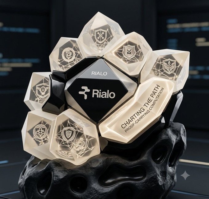 A futuristic, crystalline trophy or emblem labeled 'RIALO' with the text 'CHARTING THE PATH' and 'PROOF-CARRYING COMPUTATION' sits on a dark, asteroid-like base.