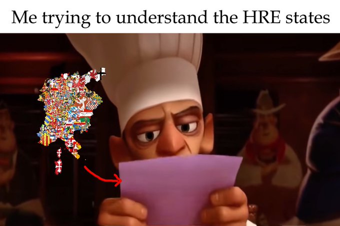 The image features a cartoon chef holding a piece of paper, possibly a menu or instructions for cooking. The text above the image reads "Me trying to understand the HRE states", indicating that the chef might be learning about the HRE states. In addition, there is an illustration of a map with various countries and their flags on it, which could be related to the chef's profession if they are working in a restaurant or catering service. The overall scene suggests that the chef is trying to understand the HRE states for some reason, possibly due to changes in regulations or requirements within those states.