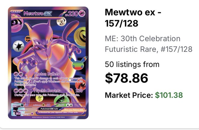 A listing for a Mewtwo ex Pokémon trading card (#157/128, 30th Celebration Futuristic Rare) shows 50 listings starting at $78.86 with a market price of $101.38.