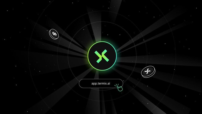 Dark-themed promotional graphic featuring a glowing green circular logo with an 'X' symbol, displaying the URL 'app.termix.ai' with a small ghost icon.