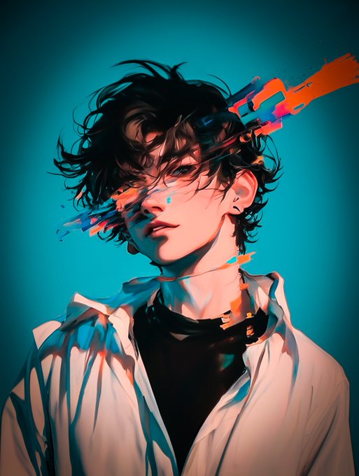 A digital portrait illustration of a young man with dark messy hair and a white shirt, with abstract orange and blue paint strokes across his face against a teal background.