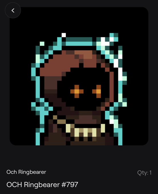 A pixel art NFT titled "OCH Ringbearer #797" depicting a hooded figure with teal trim against a black background, listed as Qty: 1.