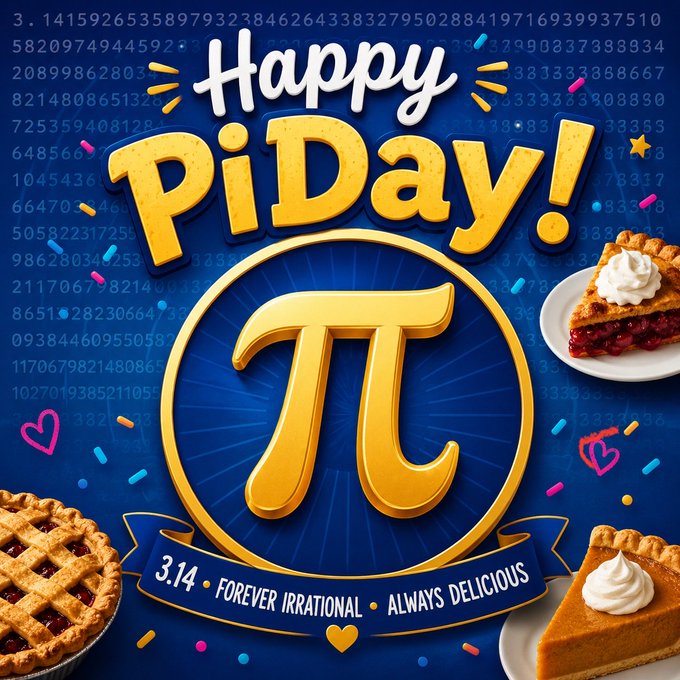 A festive "Happy Pi Day!" graphic featuring a large golden π symbol, cherry and pumpkin pies, and the tagline "3.14 • Forever Irrational • Always Delicious" against a blue background covered in digits of pi, perfectly matching the Pi Network community's celebration of Pi Day.