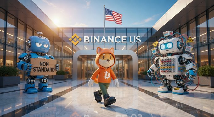 An orange cartoon dog character with a Bitcoin logo walks toward the viewer in front of a Binance US building, flanked by two robots, including one holding a "NON STANDARD" sign. This imagery illustrates the post's theme by featuring the $DOG character positioned prominently in front of the Binance US brand.
