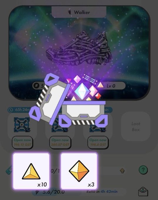 A mobile game screenshot showing a 'Walker' sneaker loot box being opened, with gems and the text '65h 24m' visible alongside rewards of 198.12 GST, 380.07 GST, and 198.4 GST.
