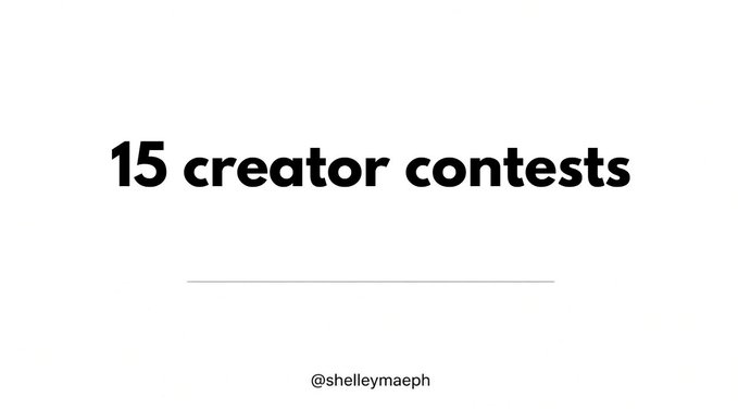 A minimalist white slide with bold black text reading "15 creator contests" attributed to @shelleymeph.