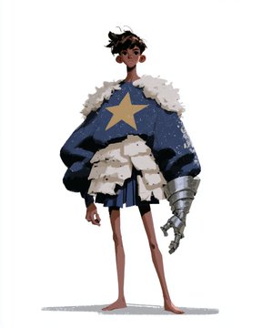 A digital illustration depicts a slender character with dark hair wearing a blue sweater adorned with a yellow star, white fluffy trim, and a metallic mechanical arm, standing barefoot against a white background.