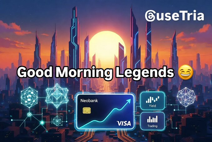 A post from @useTria explains about a new app called "Good Morning, Legends!". It encourages users to wake up early and grind on the platform to get started with trading, using their wallet card (VISA) for transactions. The app allows them to trade cryptocurrencies such as Bitcoin or other altcoins, and it offers real-time information on different countries' cryptocurrency markets. There are also a few tokens in the image, which may be related to the trading process. Overall, the post promotes the idea of spending time wisely with this new app by focusing on its features and benefits, while highlighting how it can help users optimize their time and increase their chances of success in the crypto market.