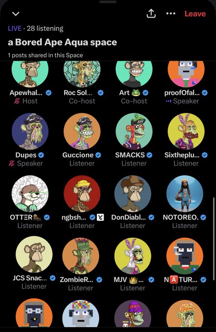 A screenshot of a Twitter Space titled 'a Bored Ape Aqua space' with 28 listeners, showing various Bored Ape Yacht Club NFT avatars as the Host (Apewhale), Co-hosts (Roc Sol..., Art), and Speakers (proofOfal..., Dupes).