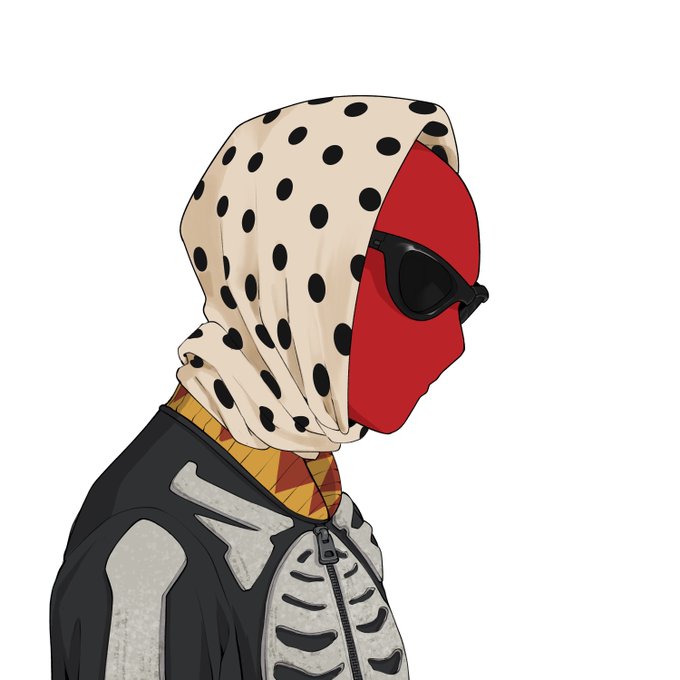 A side-profile illustration of a figure wearing a skeleton hoodie, sunglasses, and a polka-dot head covering over a red face. The skeleton's "pulling" motion and masked, faceless appearance visually reinforce the post's warning that every pull (a chance to outmaneuver or "dump" on buyers) is an opportunity to leave with profit before being exposed as a "jeet."