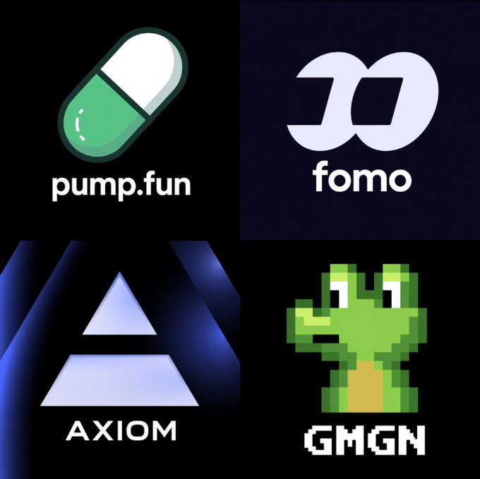 A 2×2 comparison graphic presents four crypto trading tools/logos: “pump.fun,” “fomo,” “AXIOM,” and “GMGN,” with the latter shown as a pixel-art alligator. It accompanies the post asking, “What’s the best trading terminal? You can only pick one.”