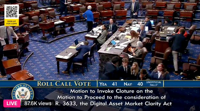 A live broadcast shows senators gathered on the Senate floor during a roll call vote, with the on-screen tally displaying Yea 41, Nay 40 for the motion to invoke cloture on proceeding to consideration of H.R. 3633, the Digital Asset Market Clarity Act—matching the post's note that 40 nays have been cast and additional yea votes are needed to pass.