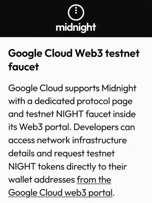 An informational graphic titled 'Google Cloud Web3 testnet faucet' with the 'midnight' logo, describing how developers can request testnet NIGHT tokens from the Google Cloud web3 portal.