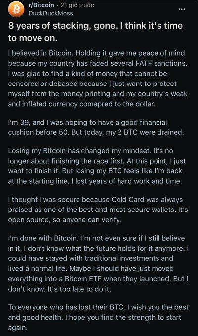 A Reddit post from r/Bitcoin titled '8 years of stacking, gone. I think it's time to move on.' describes a user's loss of Bitcoin despite using a Cold Card wallet.