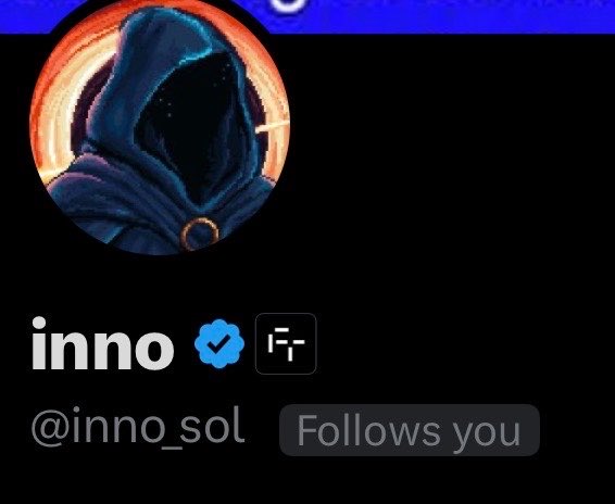 An X/Twitter profile for 'inno' (@inno_sol) with a verified blue checkmark, showing a hooded figure profile picture and 'Follows you' indicator.