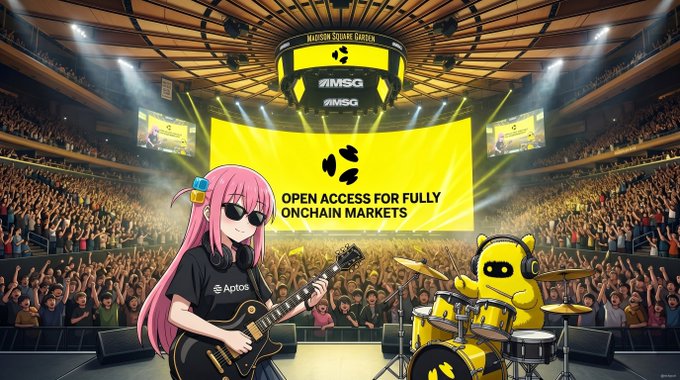 The image features a girl playing a guitar and another girl playing drums, both wearing sunglasses. They are surrounded by a crowd of people who appear to be enjoying their performance. The background shows a large screen displaying text related to trading and cryptocurrency markets.