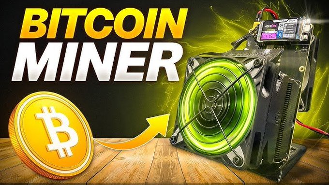 A digital graphic featuring bold "BITCOIN MINER" text with a gold Bitcoin coin and arrow pointing toward an open-circuit ASIC miner with glowing green fan, visually promoting a $250 Bitaxe solo miner that hit the jackpot on block 957,382, earning 3.138 BTC (~$200,000).