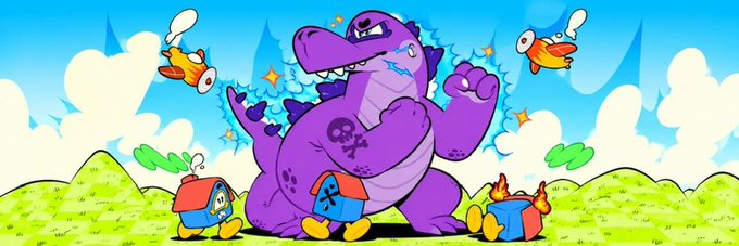 A cartoon illustration showing a large purple dinosaur labeled 'PEPE' surrounded by small blue and red characters and flying fish against a green hilly background.
