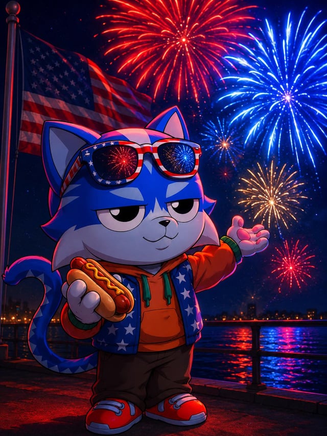 A digital illustration of a blue cartoon cat mascot wearing American flag-themed sunglasses and an orange hoodie, holding a hotdog with ketchup and mustard against a backdrop of red and blue fireworks and a U.S. flag.