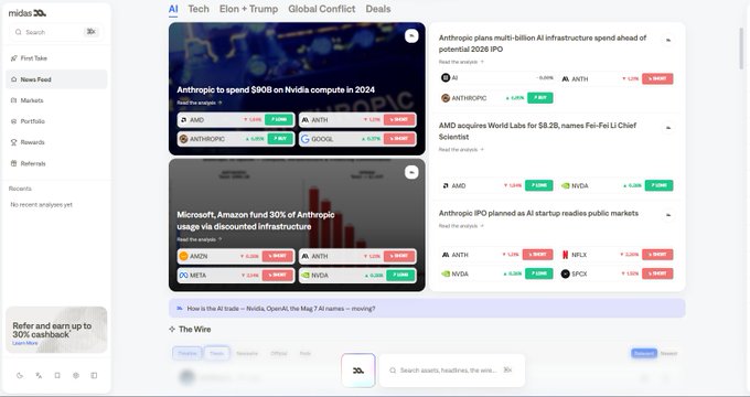 The image shows the Midas Markets platform dashboard, a news aggregation interface featuring AI, Tech, Elon, Trump, Global Conflict, and Deals tabs, with visible articles like "Anthropic to spend $90B on Nvidia compute in 2024" and "Microsoft, Amazon fund 30% of Anthropic through usage via discounted infrastructure," alongside ticker prices for AMD, ANTH, GOOGL, AMZN, MSFT, META, NVDA, NFLX, and SPCX. The interface ties to the post by illustrating that Midas operates as a streamlined aggregation layer built atop existing infrastructure (Hyperliquid), focusing on the user-facing presentation of news and market data rather than the underlying exchange mechanics.