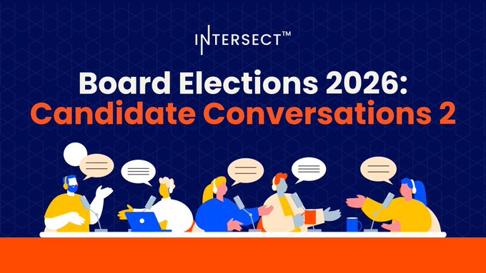An Intersect promotional banner titled 'Board Elections 2026: Candidate Conversations 2' showing illustrated figures seated at a table with speech bubbles against a dark blue patterned background.