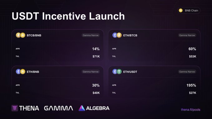 A promotional graphic for 'USDT Incentive Launch' on BNB Chain displays four liquidity pools with APRs and TVLs: BTCB/BNB (14%, $71K), ETH/BTCB (60%, $53K), ETH/BNB (30%, $40K), and ETH/USDT (195%, $27K), with thena.fi/pools URL.