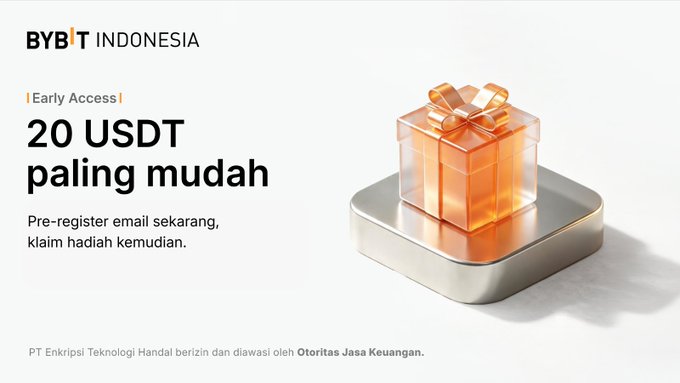 The image features a silver box with an orange gift inside, placed on top of a gray surface. The text on the image reads "Bybit Indonesia Early Access 20 USDT Paling Mudah Pre-register your email today and grab an Airdrop of up to 20 USDT! Be the first to join Bybit Indonesia". This post is promoting an early access program for users in Indonesia, where they can pre-register their emails and receive a 20-USD token as an Airdrop. The image also includes a watermark that reads "PTFT.TOY.HANDEL.BENJAMIN.JASEPO.KEVIN".