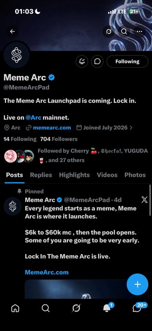 A Twitter/X profile screenshot of Meme Arc (@MemeArcPad), a verified account promoting "The Meme Arc Launchpad is coming" with posts about a launch from $6k to $60k market cap.