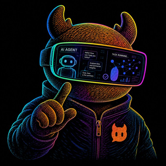A neon-style digital illustration of a hooded horned character wearing a VR headset displaying an 'AI AGENT' interface with 'TASK RUNNING...' and the text 'Hello! How can I help you today?' and 'Analyze data and summarize insights. Sure, here is the summary.'