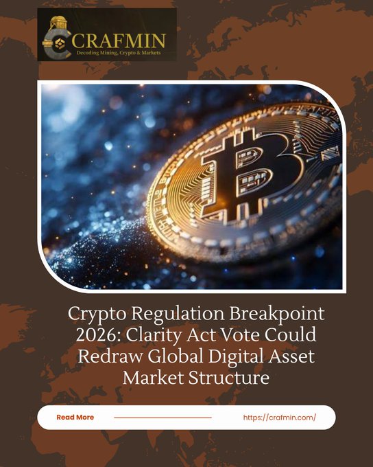 A Crafmin promotional graphic featuring a golden Bitcoin coin, titled 'Crypto Regulation Breakpoint 2026: Clarity Act Vote Could Redraw Global Digital Asset Market Structure.'