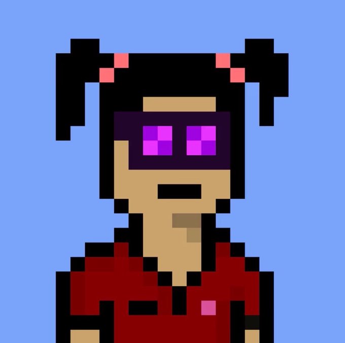 A pixel-art illustration of a character with twin tails, purple pixelated sunglasses, and a red shirt against a blue background.