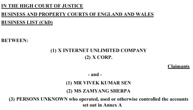 The image shows a header from a High Court of Justice document from the Business and Property Courts of England and Wales, listing X Internet Unlimited Company and X Corp. as claimants against Mr. Vivek Kumar Sen, Ms. Zamyang Sherpa, and persons unknown operating accounts listed in Annex A as defendants. This relates to the accompanying post about a legal case involving Vivek, suggesting X Corp (Twitter) has filed suit against him and others for alleged fake engagement and spam activities on Bitcoin Twitter.