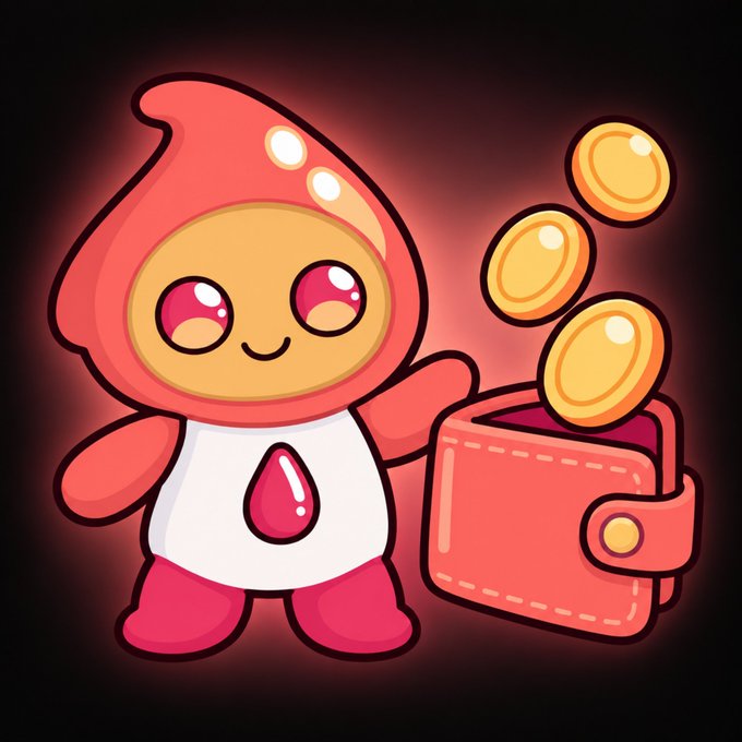 A cute cartoon character with a red hood and a white outfit featuring a red droplet emblem holds an open wallet as gold coins float out of it, suggesting spending or loss of money.