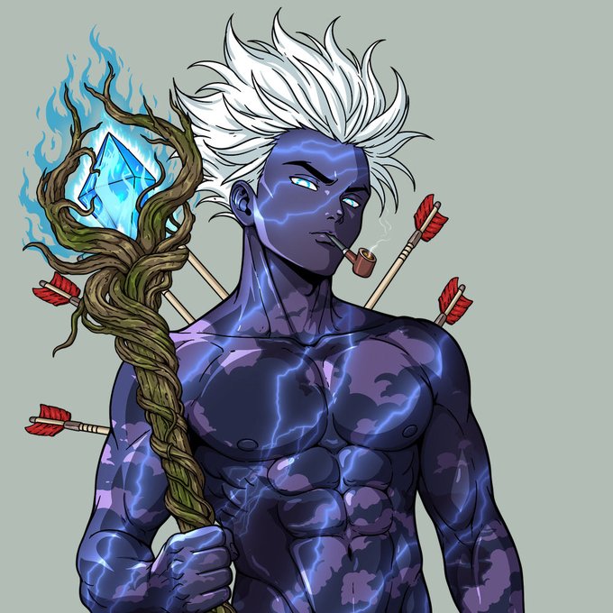 A digital illustration of a muscular, dark-skinned male character with wild white hair, lightning-like markings across his body, arrows piercing his torso, and a blue flame atop a wooden staff containing a diamond-shaped gem. He holds a smoking pipe in his mouth.