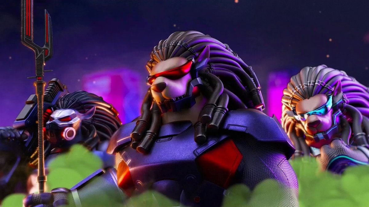 The image features a group of three characters with long hair, each wearing a helmet that has a red visor. They are standing close together against a purple background, which appears to be a part of a 3D rendering or computer-generated image. The caption "Roar!" is written in white text at the bottom of the image.
