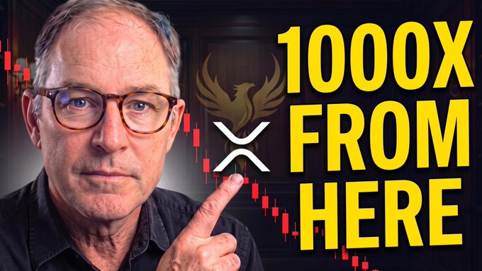 A man with glasses points upward next to bold yellow text reading "1000X FROM HERE," with the XRP logo and a downward candlestick chart in the background, visually reinforcing the post's message about XRP's potential for massive gains and regulatory challenges.