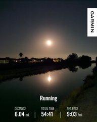A Garmin running app screenshot showing a 6.04 mile run completed in 54:41 with an average pace of 9:03/mi at night.