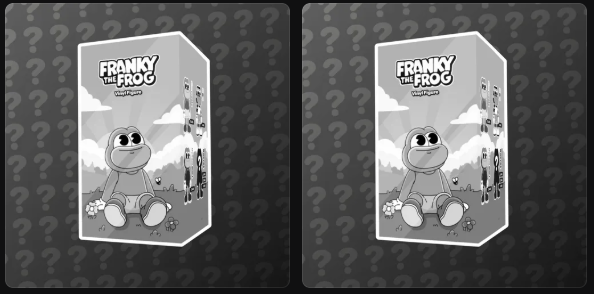 Two identical black-and-white boxes labeled 'FRANKY the FROG mystery box' featuring a smiling frog sitting on the grass with question marks in the background.