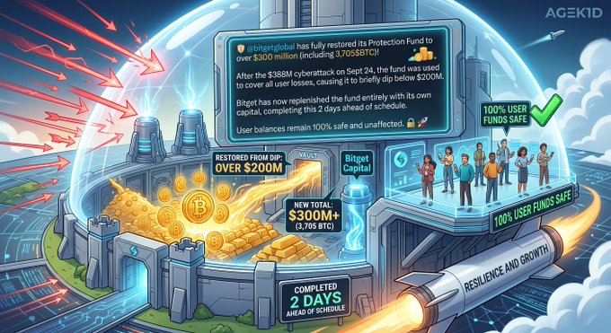 A promotional graphic from 'AGEKID' showing that '@bitgetglobal has fully restored its Protection Fund to over $300 million', highlighting 'RESTORED FROM DIP: OVER $200M', 'NEW TOTAL: $300M+', and '100% USER FUNDS SAFE'.