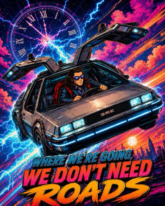 A retro-futuristic DeLorean with gull-wing doors open soars through a neon lightning storm beneath a giant glowing clock, piloted by a sunglasses-wearing figure, with bold text reading "WHERE WE'RE GOING, WE DON'T NEED ROADS." The image playfully riffs on the "Back to the Future" reference to illustrate the post's message about accelerating blockchain transactions with sub-second finality and low stablecoin fees—suggesting we're moving so fast that traditional infrastructure (roads) is no longer a constraint.