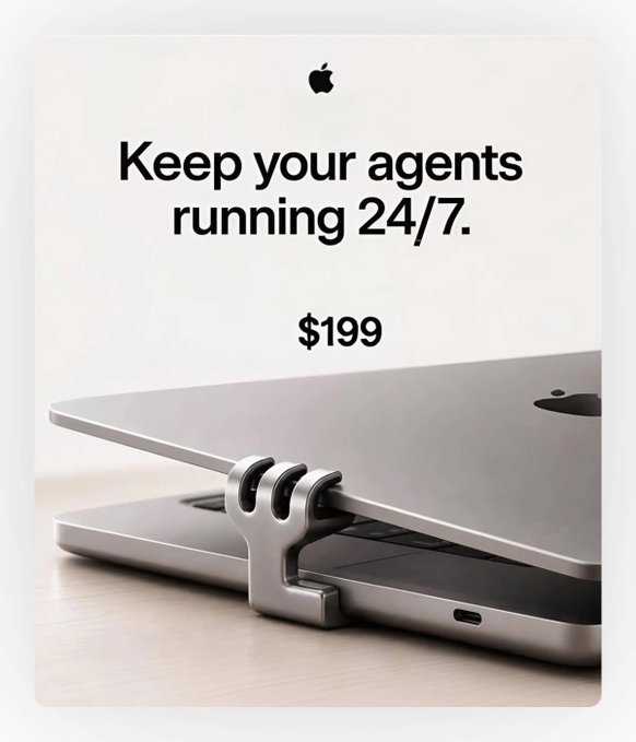 An Apple ad-style poster reading "Keep your agents running 24/7." priced at $199, showing a laptop stand elevating a MacBook.