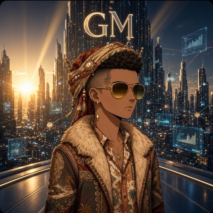 An anime-style illustration of a stylish character wearing sunglasses, a crown-like headpiece, and a fur-collared jacket, set against a futuristic cityscape with 'GM' (Good Morning) displayed at the top.